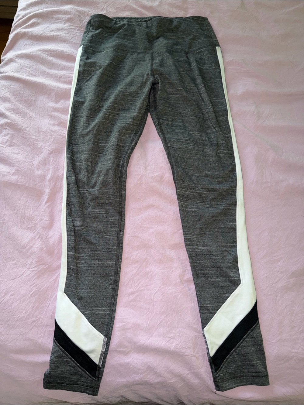 Reebok Gray Leggings with White Side Panels and Black Chevron Accents